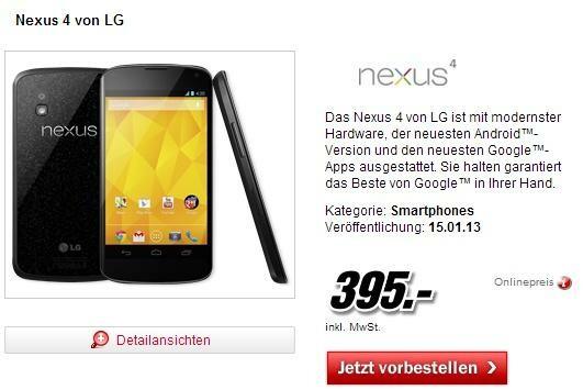 Das Nexus 4 ist bei Media Markt erst ab Mitte Januar erhältlich. (Bild: Screenshot Mediamarkt.de) Das Nexus 4 ist bei Media Markt erst ab Mitte Januar erhältlich. (Bild: Screenshot Mediamarkt.de)