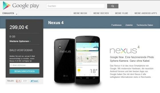 Das Nexus 4 ist im Play Store schon wieder vergriffen. (Bild: Screenshot Google.de) Das Nexus 4 ist im Play Store schon wieder vergriffen. (Bild: Screenshot Google.de)