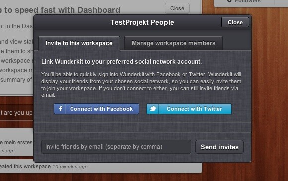 Nutzer können Personen zu einem Workspace per Facebook der Twitter einladen. (Bild: Screenshot) Nutzer können Personen zu einem Workspace per Facebook der Twitter einladen. (Bild: Screenshot)