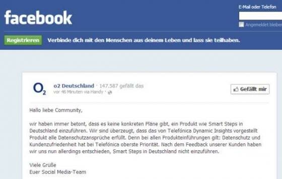 O2 teilte auch per Facebook mit, das umstrittene Programm Smart Steps in Deutschland nicht zu starten. (Bild: Screenshot facebook.com) O2 teilte auch per Facebook mit, das umstrittene Programm Smart Steps in Deutschland nicht zu starten. (Bild: Screenshot facebook.com)