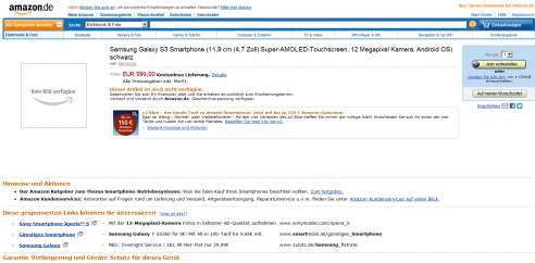 Produktseite des Samsung Galaxy S3 bei Amazon Deutschland (Bild: Screenshot Amazon.de) Produktseite des Samsung Galaxy S3 bei Amazon Deutschland (Bild: Screenshot Amazon.de)