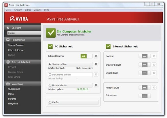 Das Programm zeigt auf einen Blick, ob es richtig konfiguriert und alles sicher ist. (Bild: Screenshot Avira Free Antivirus) Das Programm zeigt auf einen Blick, ob es richtig konfiguriert und alles sicher ist. (Bild: Screenshot Avira Free Antivirus)