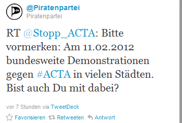 Proteste gegen ACTA - bald auch in Deutschland? Der 11.02. kursiert im Netz als mögliches Datum. (Bild: Screenshot) Proteste gegen ACTA - bald auch in Deutschland? Der 11.02. kursiert im Netz als mögliches Datum. (Bild: Screenshot)