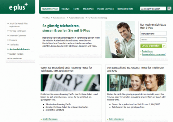 Die Provider locken mit speziellen Sondertarifen für die Auslandsnutzung. (Bild: Screenshot eplus.de) Die Provider locken mit speziellen Sondertarifen für die Auslandsnutzung. (Bild: Screenshot eplus.de)