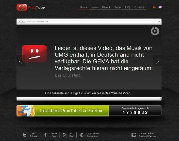 ProxTube ermöglicht es, auch gesperrte YouTube-Videos anzuzeigen. (Bild: Screenshot) ProxTube ermöglicht es, auch gesperrte YouTube-Videos anzuzeigen. (Bild: Screenshot)
