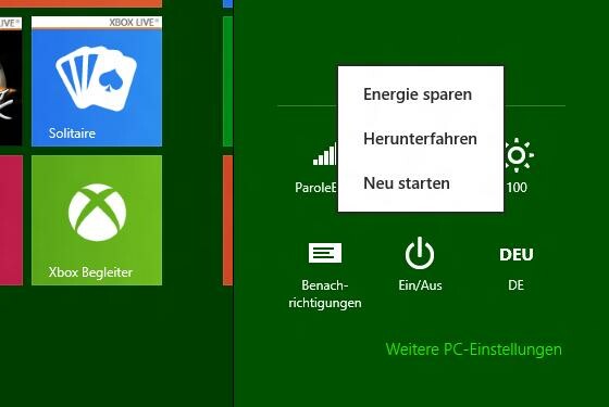 Um den Rechner herunterzufahren, führt der Weg über die kleine Lupe, "Einstellungen" und "Ein/Aus". Ist doch klar, oder? (Bild: Screenshot) Um den Rechner herunterzufahren, führt der Weg über die kleine Lupe, "Einstellungen" und "Ein/Aus". Ist doch klar, oder? (Bild: Screenshot)