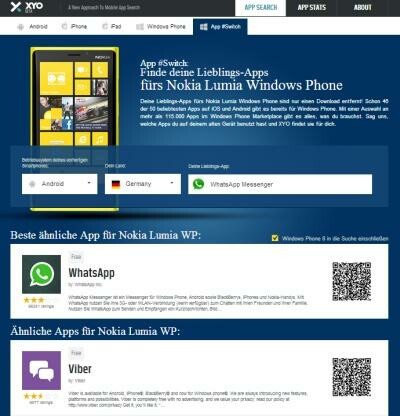 Die Suchmaschine Xyologic hilft dem Nutzer zu prüfen, ob es seine Lieblingsapps auch für Windows Phone gibt. (Bild: Screenshot xyo.net) Die Suchmaschine Xyologic hilft dem Nutzer zu prüfen, ob es seine Lieblingsapps auch für Windows Phone gibt. (Bild: Screenshot xyo.net)
