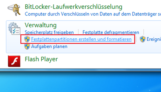 Über die Systemsteuerung erreichen Sie den Dienst für das Partitionieren. (Bild: Screenshot) Über die Systemsteuerung erreichen Sie den Dienst für das Partitionieren. (Bild: Screenshot)