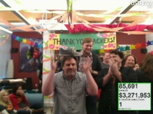 Während der letzten Stunden der Kickstarter-Aktion herrschte ausgelassene Stimmung im Entwicklerstudio Double Fine Productions. (Bild: Screenshot Doublefine.com) Während der letzten Stunden der Kickstarter-Aktion herrschte ausgelassene Stimmung im Entwicklerstudio Double Fine Productions. (Bild: Screenshot Doublefine.com)