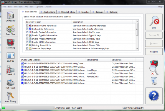 Mit WinTools spüren Sie überflüssige Registry-Einträge auf (Bild: Screenshot netzwelt/ WinTools.net). Mit WinTools spüren Sie überflüssige Registry-Einträge auf (Bild: Screenshot netzwelt/ WinTools.net).