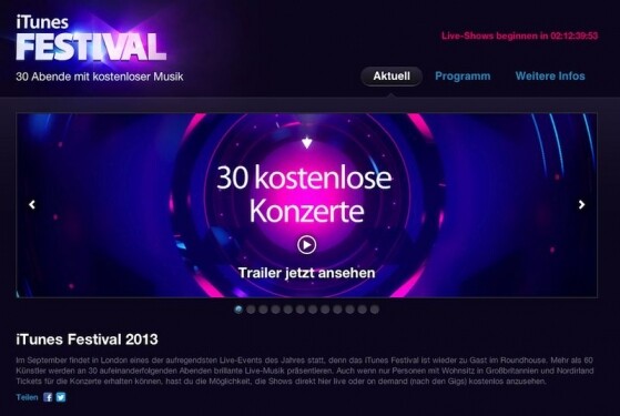 30 kostenlose Konzerte im September: das iTunes Festival 2013. (Bild: Screenshot iTunes) 30 kostenlose Konzerte im September: das iTunes Festival 2013. (Bild: Screenshot iTunes)