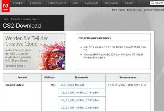 Adobe bietet die Programmsammlung Creative Suite 2 gratis an. (Bild: Screenshot adobe.de) Adobe bietet die Programmsammlung Creative Suite 2 gratis an. (Bild: Screenshot adobe.de)