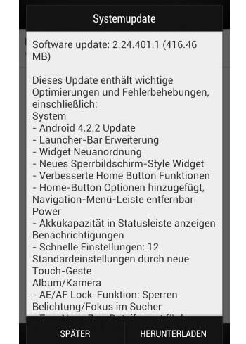 Das Android 4.2-Update für das HTC One ist über 400 Megabyte groß. (Bild: Screenshot HTC One) Das Android 4.2-Update für das HTC One ist über 400 Megabyte groß. (Bild: Screenshot HTC One)
