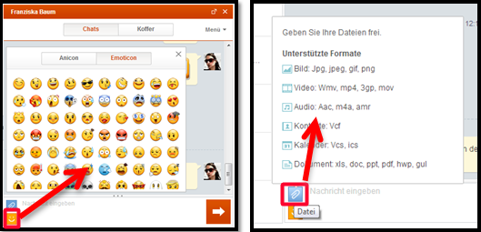 Bild 5: Emoticons und Anhänge versenden. (Bild: Screenhshot) Bild 5: Emoticons und Anhänge versenden. (Bild: Screenhshot)