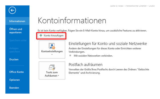 Neues Konto in Microsoft Outlook hinzufügen. (Bild: Screenshot) Neues Konto in Microsoft Outlook hinzufügen. (Bild: Screenshot)