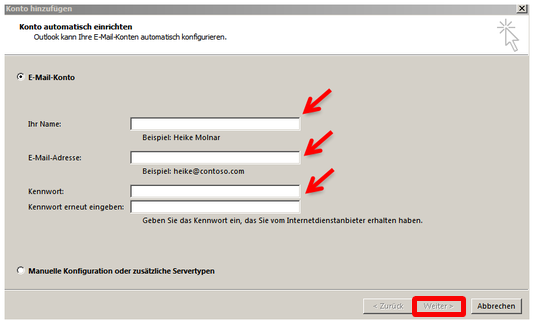 E-Mail-Konto in Outlook einrichten. (Bild: Screenshot) E-Mail-Konto in Outlook einrichten. (Bild: Screenshot)