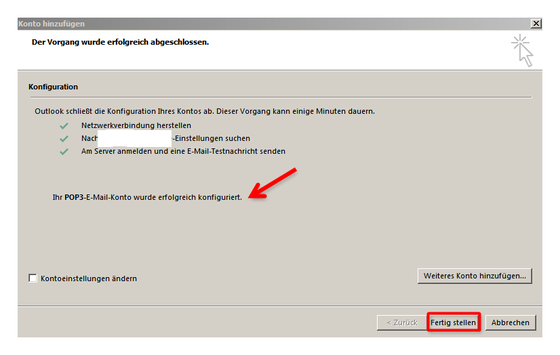 Konfiguration des E-Mail-Accounts abschließen. (Bild: Screenshot) Konfiguration des E-Mail-Accounts abschließen. (Bild: Screenshot)