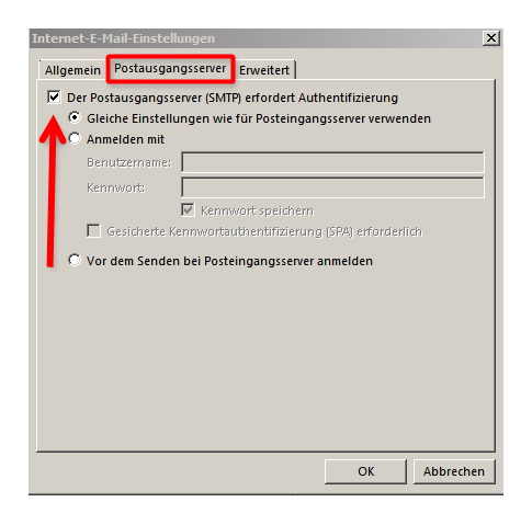 Postausgangsserver konfigurieren. (Bild: Screenshot) Postausgangsserver konfigurieren. (Bild: Screenshot)