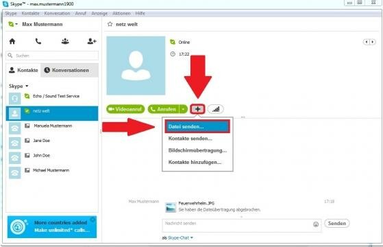 Die Datei von der Festplatte laden: Alternative Möglichkeit zum Drag & Drop (Bild: Screenshot Skype) Die Datei von der Festplatte laden: Alternative Möglichkeit zum Drag & Drop (Bild: Screenshot Skype)