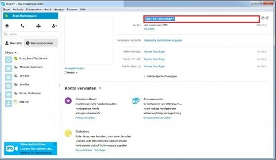 Direkt im ersten Profil-Feld können Sie Ihren Ausgangsnamen markieren, um ihn zu ändern. (Bild: Screenshot Skype) Direkt im ersten Profil-Feld können Sie Ihren Ausgangsnamen markieren, um ihn zu ändern. (Bild: Screenshot Skype)