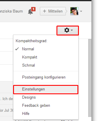 Einstellungen für Gmail aufrufen. (Bild: Screenshot) Einstellungen für Gmail aufrufen. (Bild: Screenshot)