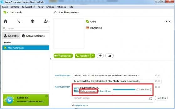 Die erfolgreiche Dateiübertragung aus Sicht des Empfängers. (Bild: Screenshot Skype) Die erfolgreiche Dateiübertragung aus Sicht des Empfängers. (Bild: Screenshot Skype)