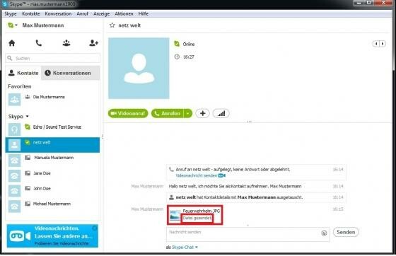 Die erfolgreiche Dateiübertragung aus Sicht des Senders. (Bild: Screenshot Skype) Die erfolgreiche Dateiübertragung aus Sicht des Senders. (Bild: Screenshot Skype)