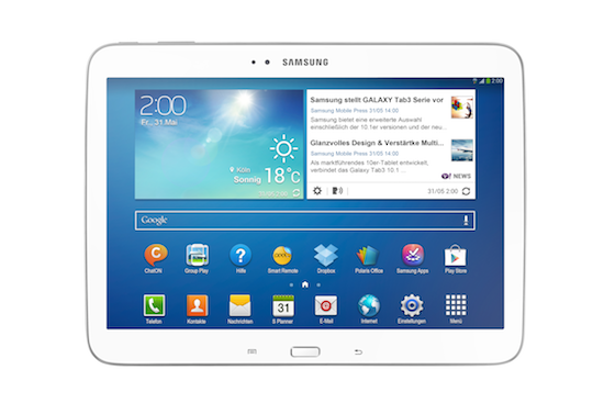 Das Galaxy Tab 3 10.1 ist das neue Flaggschiff-Modell der Reihe. Es erscheint Ende August in Deutschland. (Bild: Samsung) Das Galaxy Tab 3 10.1 ist das neue Flaggschiff-Modell der Reihe. Es erscheint Ende August in Deutschland. (Bild: Samsung)