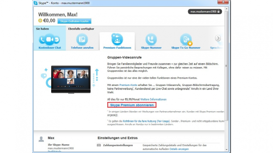 Ihr Kontoverwaltungsfenster: Hierüber können Sie "Skype Premium" abonnieren. (Bild: Screenshot Skype) Ihr Kontoverwaltungsfenster: Hierüber können Sie "Skype Premium" abonnieren. (Bild: Screenshot Skype)