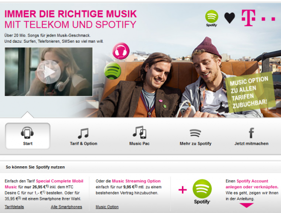 Die Kooperation von Telekom und Spotify ist streng genommen eine Verletzung der Netzneutralität. (Bild: Screenshot Telekom.de) Die Kooperation von Telekom und Spotify ist streng genommen eine Verletzung der Netzneutralität. (Bild: Screenshot Telekom.de)