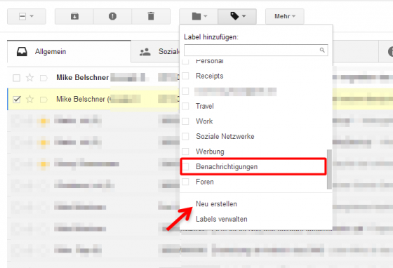 Labels im Posteingang anlegen. (Bild: Screenshot) Labels im Posteingang anlegen. (Bild: Screenshot)