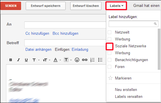 Labels beim Verfassen von E-Mails vergeben. (Bild: Screenshot) Labels beim Verfassen von E-Mails vergeben. (Bild: Screenshot)