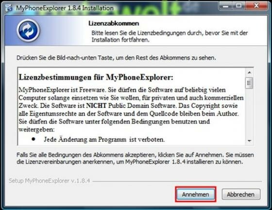 Lizenzbestimmungen annehmen (Bild: MyPhoneExplorer // FJ Software Development) Lizenzbestimmungen annehmen (Bild: MyPhoneExplorer // FJ Software Development)