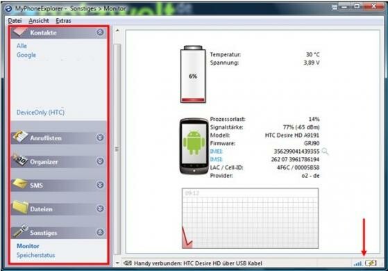 Monitor mit wichtigen Daten zum Smartphone (Bild: MyPhoneExplorer // FJ Software Development) Monitor mit wichtigen Daten zum Smartphone (Bild: MyPhoneExplorer // FJ Software Development)