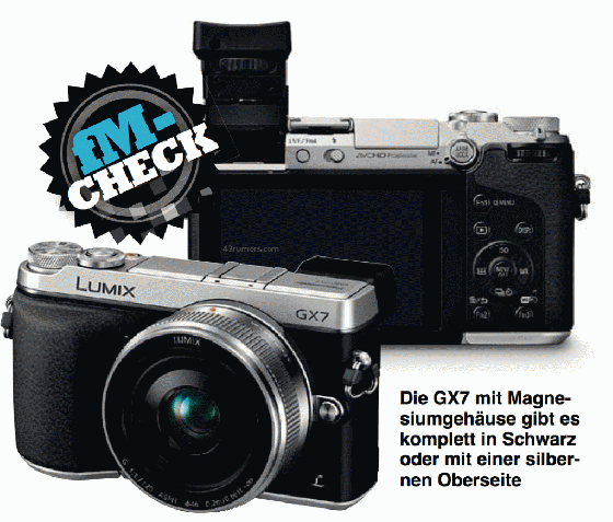 Die Panasonic DMC-GX7 erhält einen neuen Sensor und einen Bildstabilisator im Gehäuse. (Bild: 43Rumors/Fotomagazin) Die Panasonic DMC-GX7 erhält einen neuen Sensor und einen Bildstabilisator im Gehäuse. (Bild: 43Rumors/Fotomagazin)