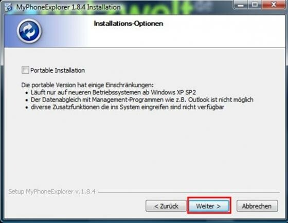 Portable-Version ist optional (Bild: MyPhoneExplorer // FJ Software Development) Portable-Version ist optional (Bild: MyPhoneExplorer // FJ Software Development)