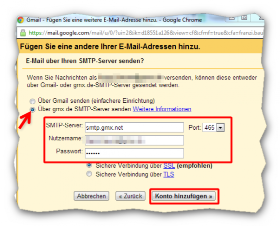 Postausgangsserver-Daten festlegen. (Bild: Screenshot) Postausgangsserver-Daten festlegen. (Bild: Screenshot)