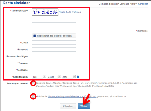 Registrierung für ein Samsung-Konto. (Bild: Screenshot) Registrierung für ein Samsung-Konto. (Bild: Screenshot)