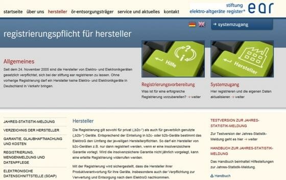 Auf dieser Seite lassen sich die Hersteller von Elektronikgeräten in Deutschland registrieren. Die Stiftung EAR soll unter anderem die Abholung des Elektronikschrotts bei den Sammelstellen organisieren. (Bild: stiftung-ear.de) Auf dieser Seite lassen sich die Hersteller von Elektronikgeräten in Deutschland registrieren. Die Stiftung EAR soll unter anderem die Abholung des Elektronikschrotts bei den Sammelstellen organisieren. (Bild: stiftung-ear.de)
