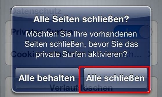 Alle Seiten schließen? (Bild: iOS // Apple) Alle Seiten schließen? (Bild: iOS // Apple)