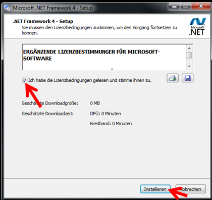 Lizenzbedingungen für .NET Framework akzeptieren (Bild: Screenshot ...