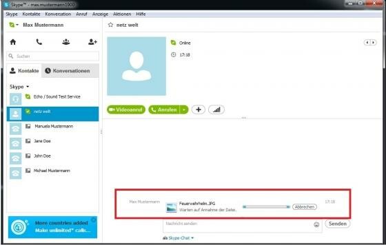 Sitzt Ihr Gegenüber nicht am Bildschirm, können Sie lange auf seine Dateiannahme warten. (Bild: Screenshot Skype) Sitzt Ihr Gegenüber nicht am Bildschirm, können Sie lange auf seine Dateiannahme warten. (Bild: Screenshot Skype)