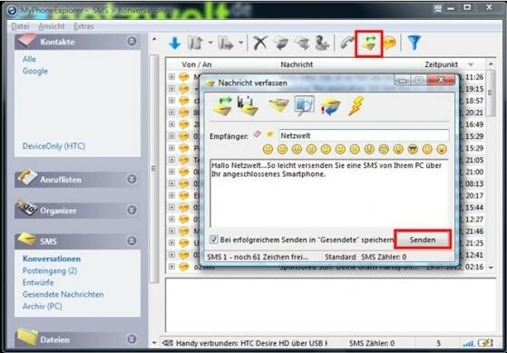 SMS auf dem PC verfassen (Bild: MyPhoneExplorer // FJ Software Development) SMS auf dem PC verfassen (Bild: MyPhoneExplorer // FJ Software Development)