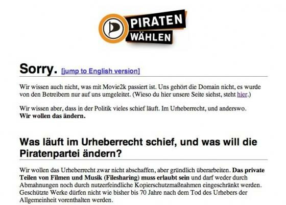 Umleitung: movie2k.to-Anfragen werden auf die Seite der Piratenpartei weitergeführt. (Bild: Screenshot) Umleitung: movie2k.to-Anfragen werden auf die Seite der Piratenpartei weitergeführt. (Bild: Screenshot)