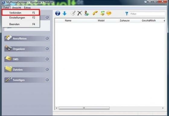 Verbindung konfigurieren (Bild: MyPhoneExplorer // FJ Software Development) Verbindung konfigurieren (Bild: MyPhoneExplorer // FJ Software Development)