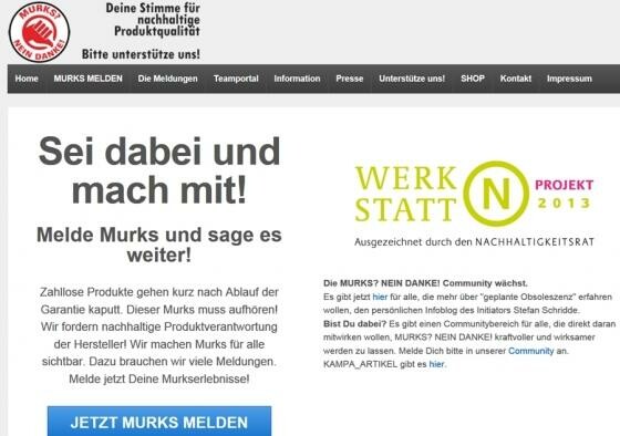 Auf der Website "MURKS NEIN DANKE" können Verbraucher "Murkserlebnisse" mit gekauften Produkten melden. (Screenshot: murks-nein-danke.de) Auf der Website "MURKS NEIN DANKE" können Verbraucher "Murkserlebnisse" mit gekauften Produkten melden. (Screenshot: murks-nein-danke.de)