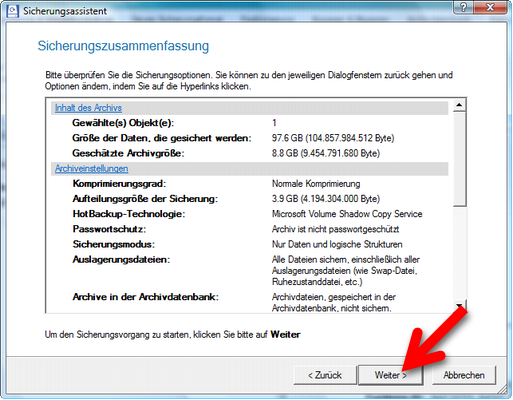 Anzeige aller Optionen für das Backup. (Bild: Screenshot) Anzeige aller Optionen für das Backup. (Bild: Screenshot)