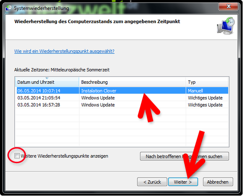 Auswahl des Wiederherstellungspunktes. (Bild: Screenshot) Auswahl des Wiederherstellungspunktes. (Bild: Screenshot)