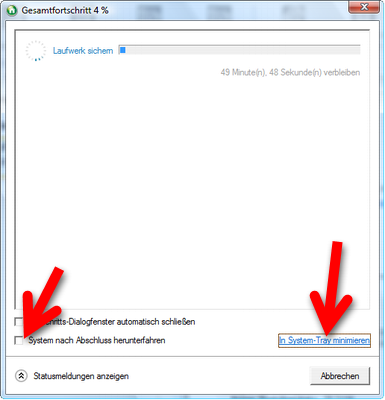 Nach dem Backup kann der Computer vollautomatisch heruntergefahren werden. (Bild: Screenshot) Nach dem Backup kann der Computer vollautomatisch heruntergefahren werden. (Bild: Screenshot)