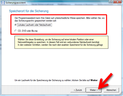 Bestimmen Sie, wo Ihre Datensicherung gespeichert werden soll. (Bild: Screenshot) Bestimmen Sie, wo Ihre Datensicherung gespeichert werden soll. (Bild: Screenshot)